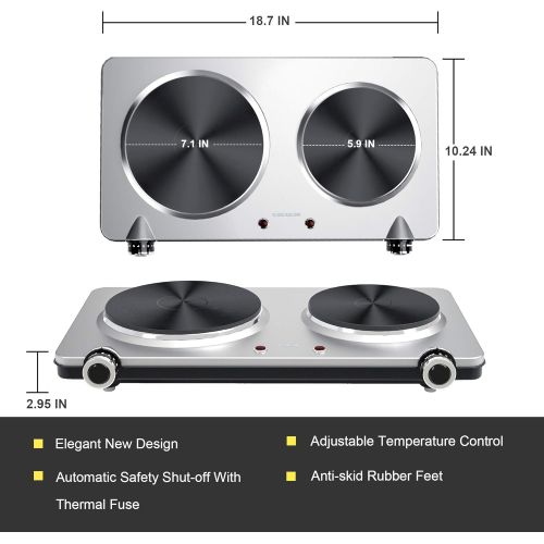  GIVENEU Electric Double Burner Hot Plate for Cooking, 1800W Portable Electric Stove, 6 Speed Adjustable Thermostats, Stainless Steel Hot Plate for Kitchen, Dorm and Camping