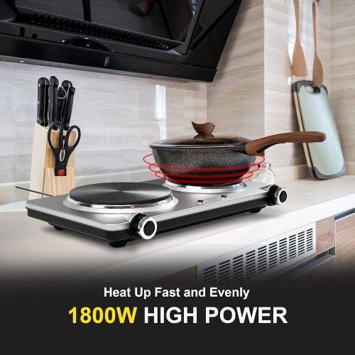  GIVENEU Electric Double Burner Hot Plate for Cooking, 1800W Portable Electric Stove, 6 Speed Adjustable Thermostats, Stainless Steel Hot Plate for Kitchen, Dorm and Camping