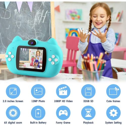  [아마존베스트]GKTZ Kids Camera Small Video Camcorder 12MP HD Digital Cameras with 2 inch Screen for Children ,Ideal Gift Toys for 3-8 Year Old Boys Girls - Blue