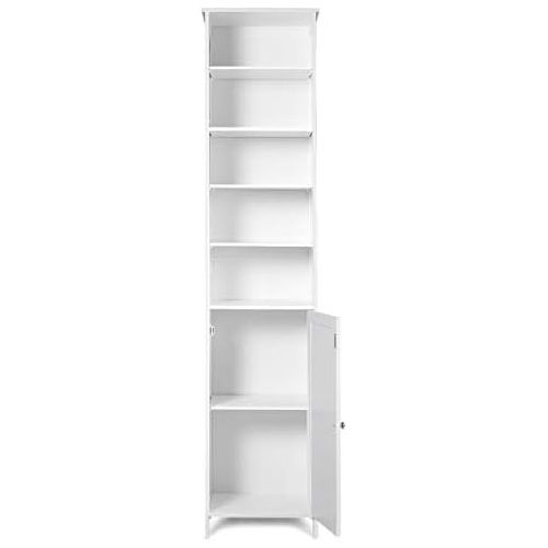  GLACER Bathroom Tall Cabinet, Bathroom Floor Storage Cabinet with Five Tier Open Compartment with Adjustable Shelves and Two Tier Storage Space with Door, 16 x 13.5 x 72 inches (Wh