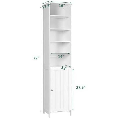  GLACER Bathroom Tall Cabinet, Bathroom Floor Storage Cabinet with Five Tier Open Compartment with Adjustable Shelves and Two Tier Storage Space with Door, 16 x 13.5 x 72 inches (Wh