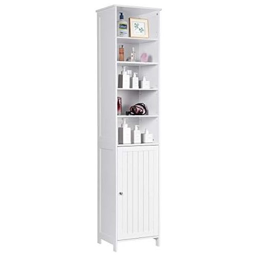  GLACER Bathroom Tall Cabinet, Bathroom Floor Storage Cabinet with Five Tier Open Compartment with Adjustable Shelves and Two Tier Storage Space with Door, 16 x 13.5 x 72 inches (Wh