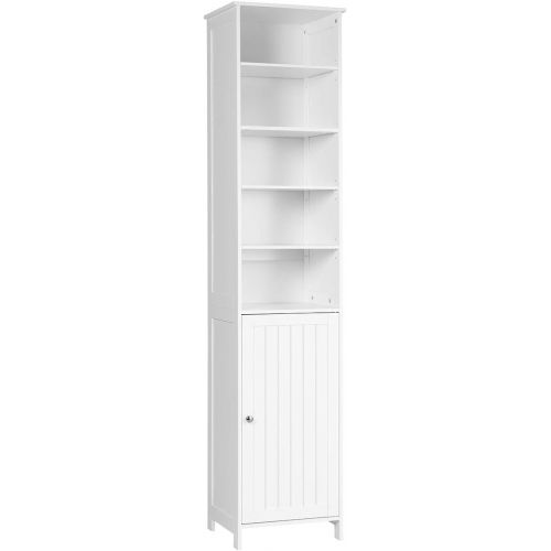  GLACER Bathroom Tall Cabinet, Bathroom Floor Storage Cabinet with Five Tier Open Compartment with Adjustable Shelves and Two Tier Storage Space with Door, 16 x 13.5 x 72 inches (Wh