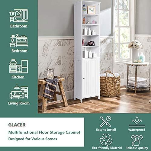  GLACER Bathroom Tall Cabinet, Bathroom Floor Storage Cabinet with Five Tier Open Compartment with Adjustable Shelves and Two Tier Storage Space with Door, 16 x 13.5 x 72 inches (Wh