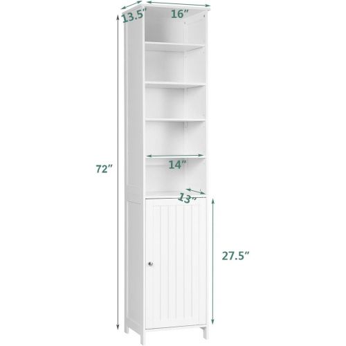  GLACER Bathroom Tall Cabinet, Bathroom Floor Storage Cabinet with Five Tier Open Compartment with Adjustable Shelves and Two Tier Storage Space with Door, 16 x 13.5 x 72 inches (Wh