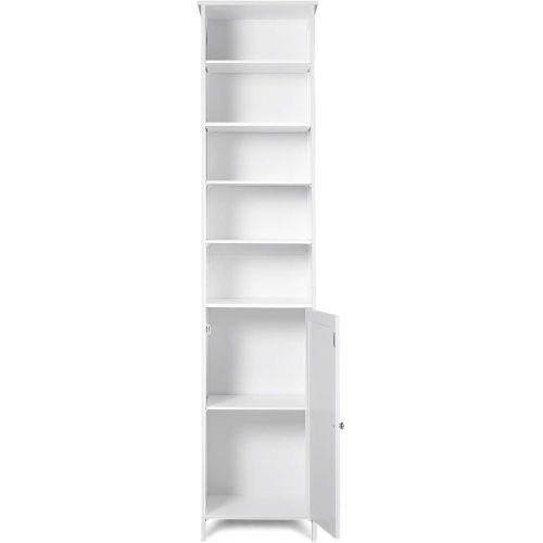  GLACER Bathroom Tall Cabinet, Bathroom Floor Storage Cabinet with Five Tier Open Compartment with Adjustable Shelves and Two Tier Storage Space with Door, 16 x 13.5 x 72 inches (Wh