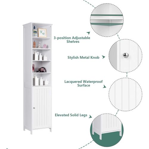  GLACER Bathroom Tall Cabinet, Bathroom Floor Storage Cabinet with Five Tier Open Compartment with Adjustable Shelves and Two Tier Storage Space with Door, 16 x 13.5 x 72 inches (Wh