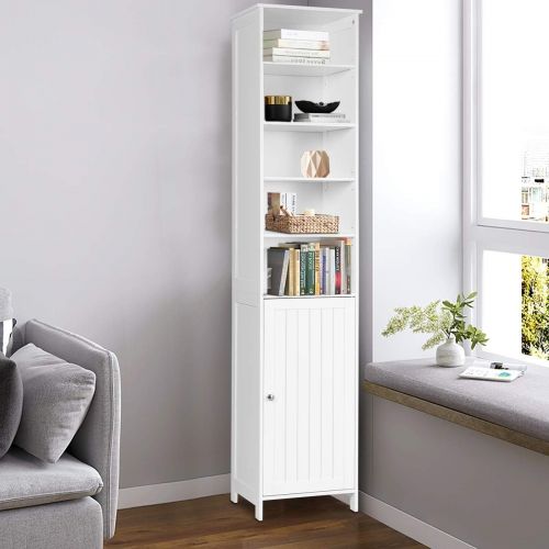  GLACER Bathroom Tall Cabinet, Bathroom Floor Storage Cabinet with Five Tier Open Compartment with Adjustable Shelves and Two Tier Storage Space with Door, 16 x 13.5 x 72 inches (Wh