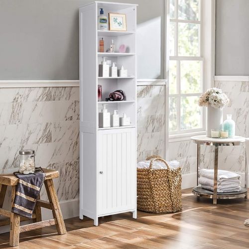  GLACER Bathroom Tall Cabinet, Bathroom Floor Storage Cabinet with Five Tier Open Compartment with Adjustable Shelves and Two Tier Storage Space with Door, 16 x 13.5 x 72 inches (Wh