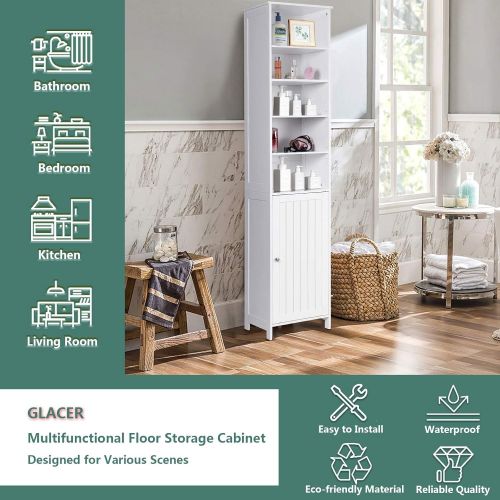  GLACER Bathroom Tall Cabinet, Bathroom Floor Storage Cabinet with Five Tier Open Compartment with Adjustable Shelves and Two Tier Storage Space with Door, 16 x 13.5 x 72 inches (Wh