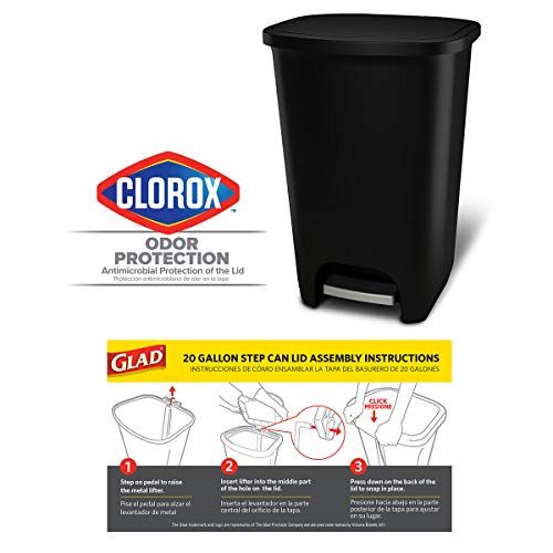  GLAD 75L Extra Capacity Plastic Step Can with CloroxTM Odor Protection | Fits All 20 Gallon Trash Bags, 75 Liter, Matte Black