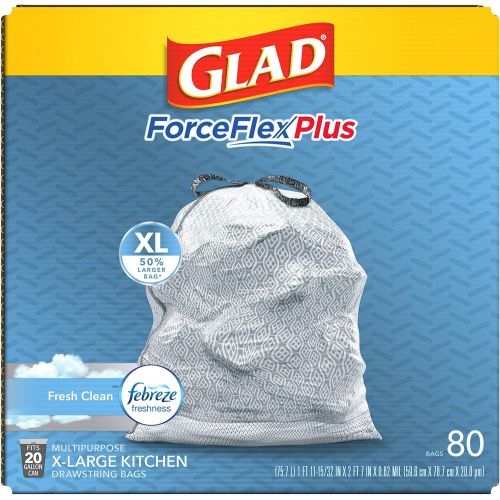  Glad ForceFlexPlus XL Grey Kitchen Drawstring Trash Bags, Febreze, 20 Gal, 80 Ct (Package May Vary)