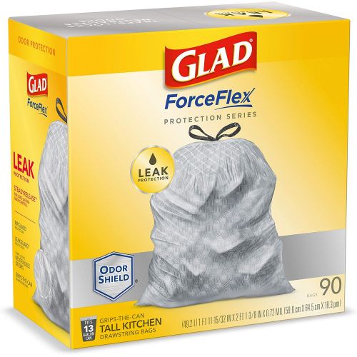  GLAD ForceFlex Protection Series Tall Kitchen Trash Bags, 13 Gal, Unscented OdorShield, 90 Ct (Package May Vary)