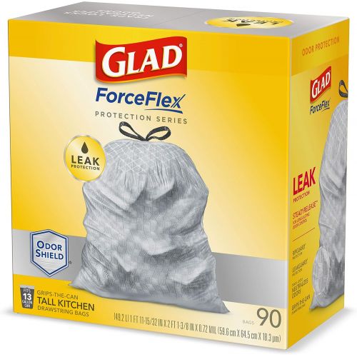  GLAD ForceFlex Protection Series Tall Kitchen Trash Bags, 13 Gal, Unscented OdorShield, 90 Ct (Package May Vary)