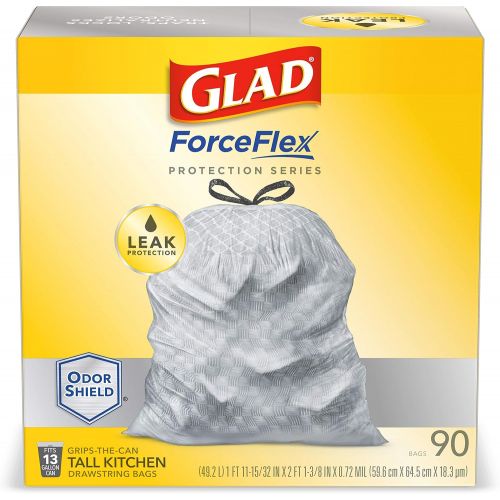  GLAD ForceFlex Protection Series Tall Kitchen Trash Bags, 13 Gal, Unscented OdorShield, 90 Ct (Package May Vary)