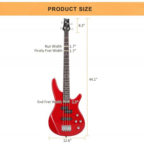  [아마존베스트]GLARRY Bass Guitar Full Size 4 String Exquisite Stylish Bass with Guitar Bag Power Line and Wrench Tool (Red)