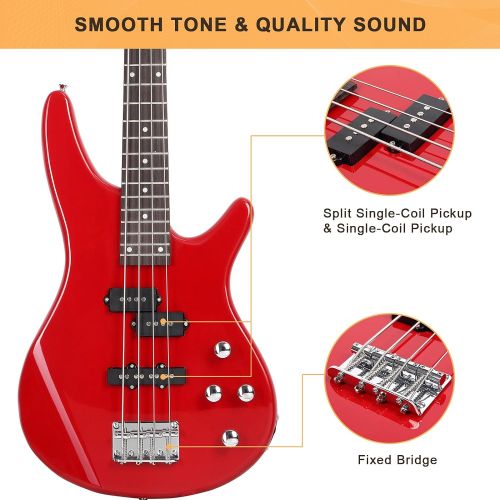  [아마존베스트]GLARRY Bass Guitar Full Size 4 String Exquisite Stylish Bass with Guitar Bag Power Line and Wrench Tool (Red)