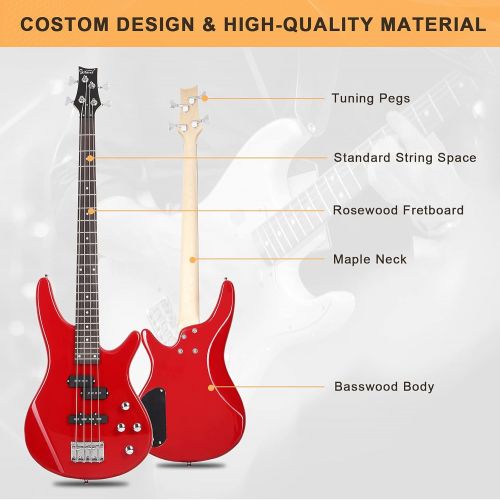  [아마존베스트]GLARRY Bass Guitar Full Size 4 String Exquisite Stylish Bass with Guitar Bag Power Line and Wrench Tool (Red)