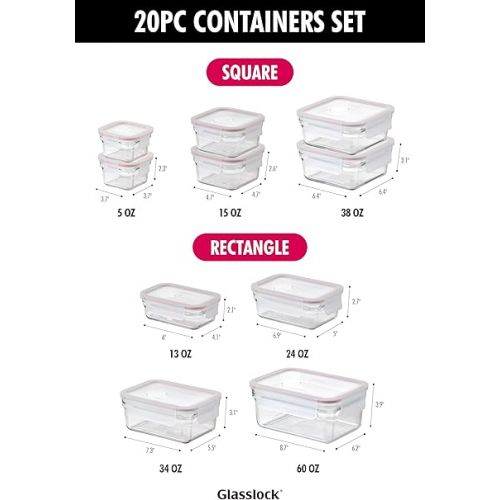  GLASSLOCK Smart 20-Piece Glass Food Storage Set - 100% Airtight & Leakproof, BPA Free lids, Freezer to Oven Safe, Meal Prep