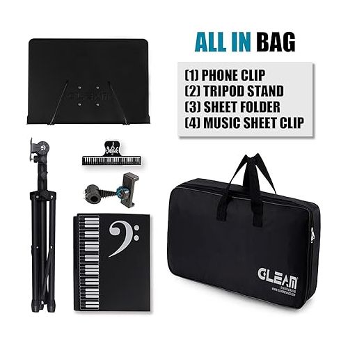  GLEAM Sheet Music Stand - Full Metal with Carrying Bag, Phone Holder, Sheet Music Folder and Clip, 5 in 1 Desktop Book Stand