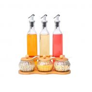 GLMAMK Wood Spice Rack,glass Spice Jars Round Storage With Spoons, Vinegar Soy Sauce Wine Bottle Spice Kitchen Storage