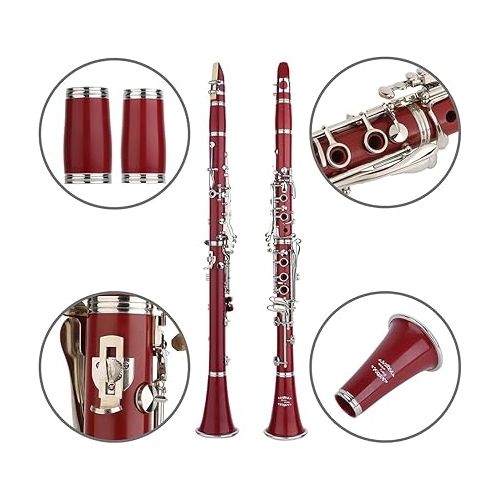  Glory GLY-CLARD Professional Ebonite Bb Clarinet with 10 Reeds, Stand, Hard Case, Cleaning Cloth, Cork Grease, Mouthpiece Brush and Pad Brush,Red