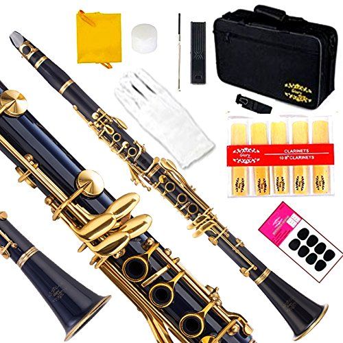  GLORY Glory B Flat Clarinet with Second Barrel, 11reeds,8 Pads cushions,case,carekit and more~Dark Blue with Gold keys