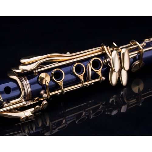  GLORY Glory B Flat Clarinet with Second Barrel, 11reeds,8 Pads cushions,case,carekit and more~Dark Blue with Gold keys