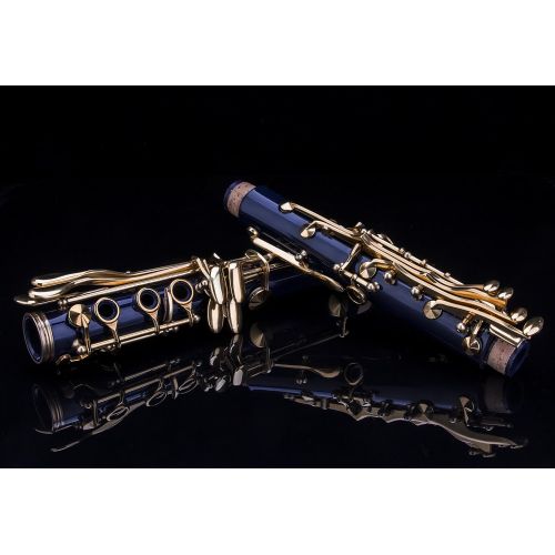  GLORY Glory B Flat Clarinet with Second Barrel, 11reeds,8 Pads cushions,case,carekit and more~Dark Blue with Gold keys