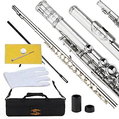  GLORY Engraved Glory Closed Hole C Flute for Band , Orchestra, With Case, Tuning Rod and Cloth,Joint Grease and Gloves , Engraved Silver Nickel Color flute