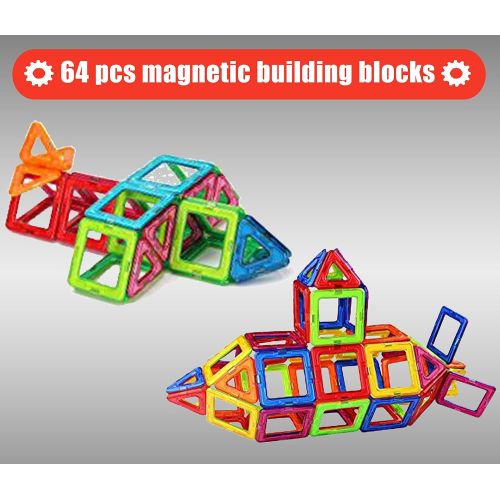  GLOUE Magnetic Blocks, Building Blocks,Magnetic Toy Contain Square, Triangle, Large Triangle Magnets Toys for Girls & Boys - Deluxe Set (64pcs) (All Building Blocks)