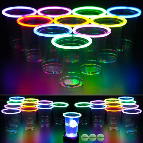  GLOWPONG All Mixed Up Glow-in-The-Dark Beer Pong Game Set for Indoor Outdoor Nighttime Competitive Fun, 24 Multi-Color Glowing Cups, 4 Glowing Balls, 1 Ball Charging Unit Makes Eve