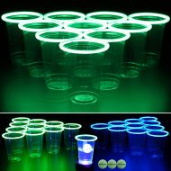 GLOWPONG Green vs Blue Glow-in-The-Dark Beer Pong Game Set for Indoor Outdoor Nighttime Competitive Fun, 12 Green vs 12 Blue Glowing Cups, 4 Glowing Balls, 1 Ball Charging Unit Mak