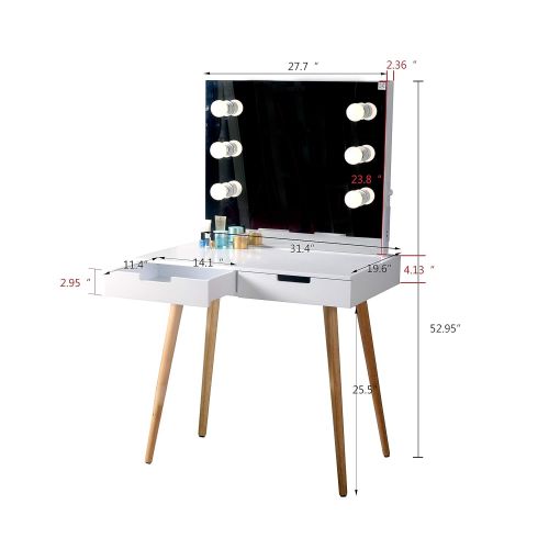  GLS White Large Makeup Vanity Table Desk with Drawers and Mirror Jewelry Armoire and LED Light