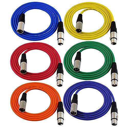  GLS Audio 6ft Patch Cable Cords - XLR Male to XLR Female Color Cables - 6 Balanced Snake Cord - 6 Pack