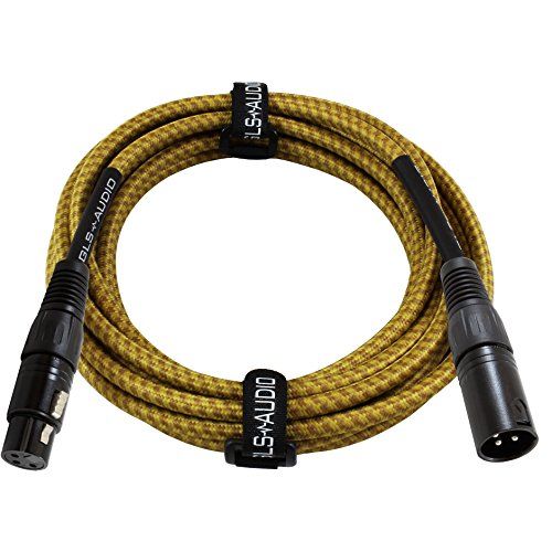  GLS Audio 15 Foot Mic Cable Balanced XLR Patch Cords - XLR Male to XLR Female 15 FT Microphone Cables Brown Yellow Tweed Cloth Jacket - 15 Feet Mike Pro Snake Cord 15’ XLR-M to XLR