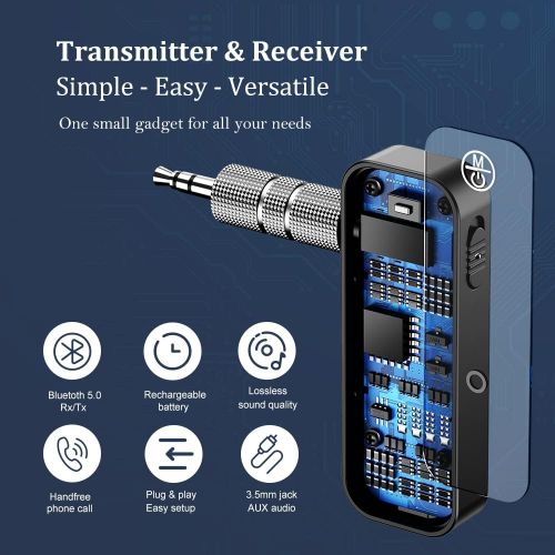  GMCELL Bluetooth 5.0 Adapter 3.5mm Jack Aux Dongle, 2-in-1 Wireless Transmitter/Receiver for TV Audio, Projector, PC, Headphone, Car