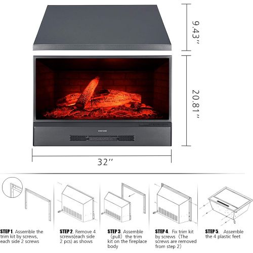  GMHome 32 Inches Electric Fireplace Insert Free Standing Fireplace Heater, with Remote Control, with Fire Crackling Sound, 750/1500W, Black