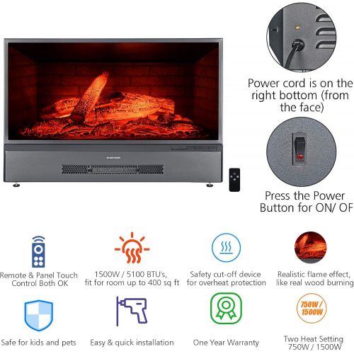  GMHome 32 Inches Electric Fireplace Insert Free Standing Fireplace Heater, with Remote Control, with Fire Crackling Sound, 750/1500W, Black