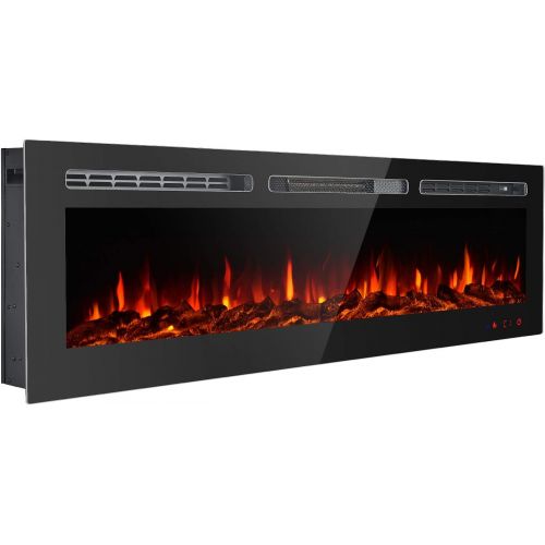  GMHome 60 Inches Recessed Electric Fireplace Wall Mounted in-Wall Built Heater Log Set & Crystal, 9 Changeable Colors, with Remote, 1500 Fireplace, Black