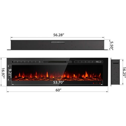  GMHome 60 Inches Recessed Electric Fireplace Wall Mounted in-Wall Built Heater Log Set & Crystal, 9 Changeable Colors, with Remote, 1500 Fireplace, Black