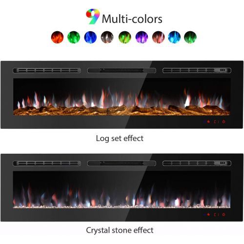  GMHome 60 Inches Recessed Electric Fireplace Wall Mounted in-Wall Built Heater Log Set & Crystal, 9 Changeable Colors, with Remote, 1500 Fireplace, Black