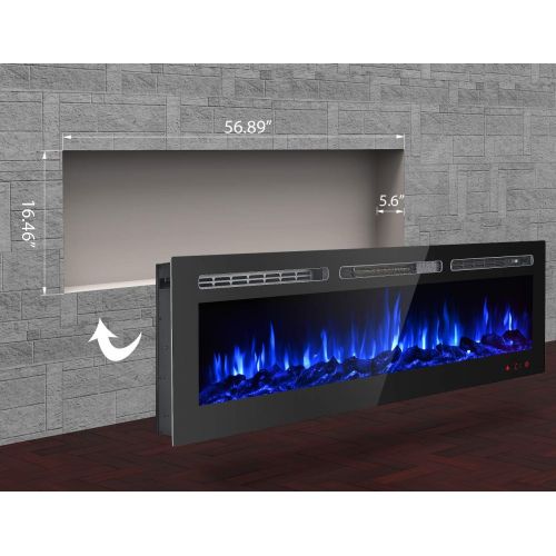  GMHome 60 Inches Recessed Electric Fireplace Wall Mounted in-Wall Built Heater Log Set & Crystal, 9 Changeable Colors, with Remote, 1500 Fireplace, Black