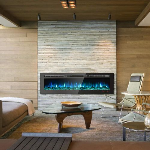  GMHome 60 Inches Recessed Electric Fireplace Wall Mounted in-Wall Built Heater Log Set & Crystal, 9 Changeable Colors, with Remote, 1500 Fireplace, Black