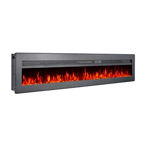  GMHome 60 Inches Wall Recessed Electric Fireplace 9 Changeable Color Realistic Crystal Stone Flame Heater, with Remote, 1500W, Metal Panel - Black