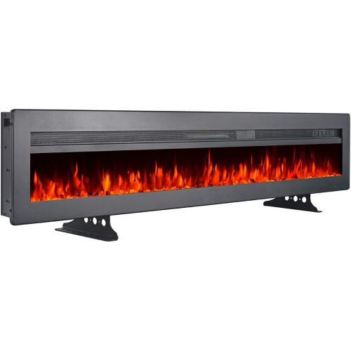  GMHome 60 Inches Wall Recessed Electric Fireplace 9 Changeable Color Realistic Crystal Stone Flame Heater, with Remote, 1500W, Metal Panel - Black