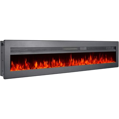  GMHome 60 Inches Wall Recessed Electric Fireplace 9 Changeable Color Realistic Crystal Stone Flame Heater, with Remote, 1500W, Metal Panel - Black