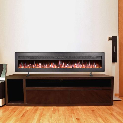  GMHome 60 Inches Wall Recessed Electric Fireplace 9 Changeable Color Realistic Crystal Stone Flame Heater, with Remote, 1500W, Metal Panel - Black