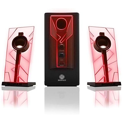  [아마존베스트]GOgroove 2.1 Sound System Computer Speaker PC with LED Effect Desktop PC Speaker 2.1 System with Subwoofer and Blue LED Highlights, Perfect for Stereo Gaming on Your Computer - Red