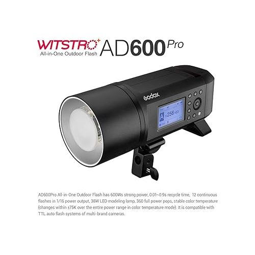  Godox AD600Pro 600Ws 2.4G Wireless X TTL GN87 1/8000s High Speed SYNC Outdoor Flash Strobe Light 28.8V/2600mAh Rechargeable Lithium Battery to Provide 360 Full Power Flashes 0.01~0.9s Recycle Time